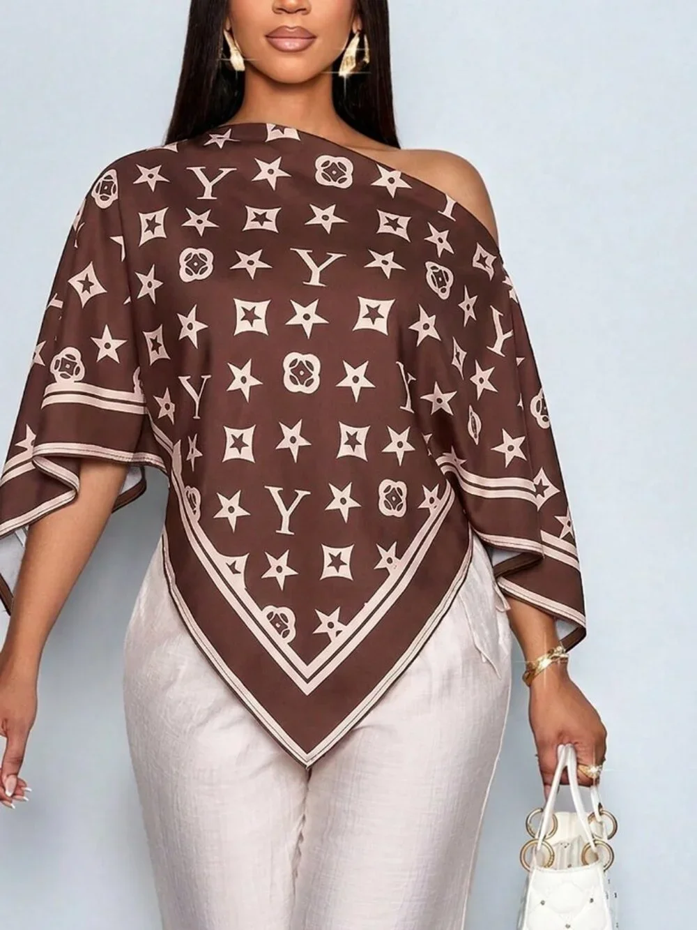 Brown Boho Women's Elegant Off-Shoulder Shirt Artistic Pattern Party Top - Picture 10 of 10